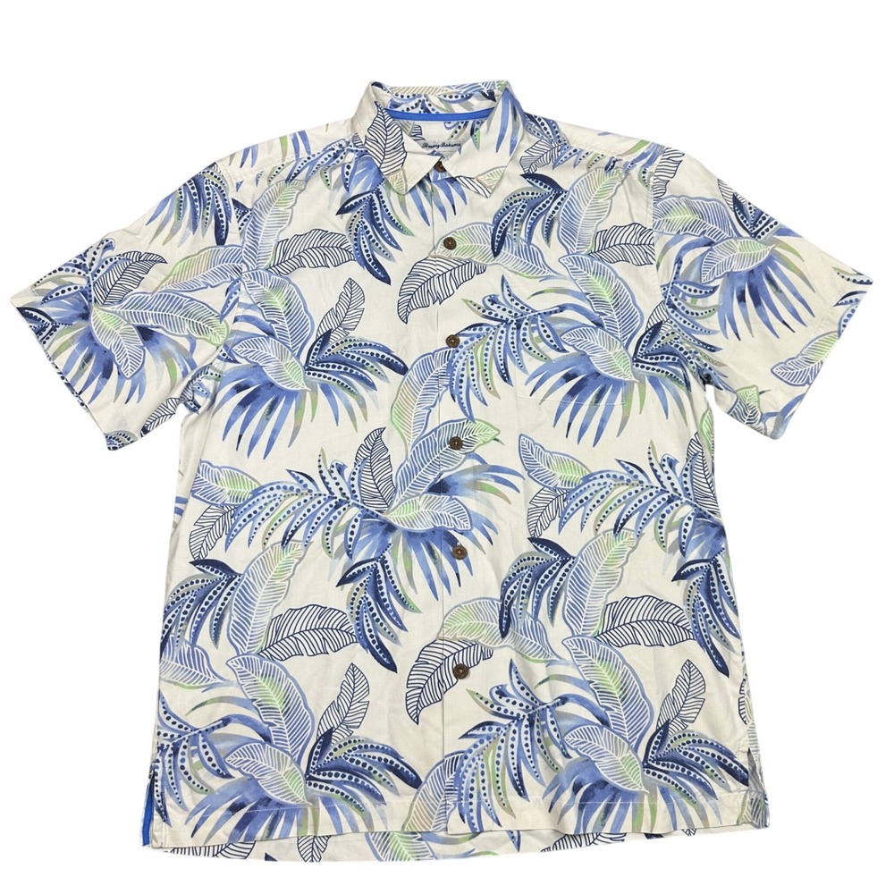 Tommy Bahama Mens Large Silk Blend Coolmax Tropical Leaf Print Hawaiian Shirt